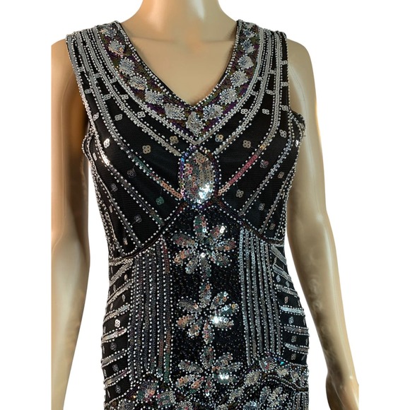 Sequin Dress 1920s Vintage Fringed Cocktail Flapper Dress Asymmetrical Hem Sz S - Picture 2 of 9
